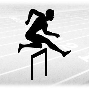 May include: Silhouette of a person hurdling over a black hurdle on a gray track.