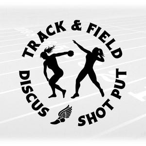 Sports Clipart: Black Circle of Words "Track & Field, Shot Put, Discus" with Female Thrower Silhouettes - Digital Download svg png dxf pdf