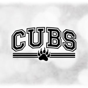 Sports Clipart: Black Arched College Varsity Team Mascot Name "Cubs"  above Lines and Bear Paw Print - Digital Download svg png dxf pdf