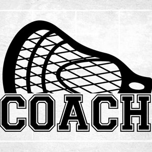 Sports Clipart: Bold Outlined Word "Coach" in College Type with Half Lacrosse Stick Net above for Coaches - Digital Download svg png dxf pdf