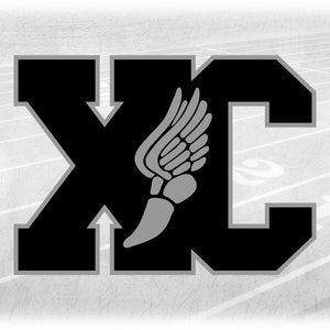 Sports Clipart: Black College Style "XC" for Cross Country with Winged Track Shoe Cutout on Gray Layer- Digital Download svg png dxf pdf