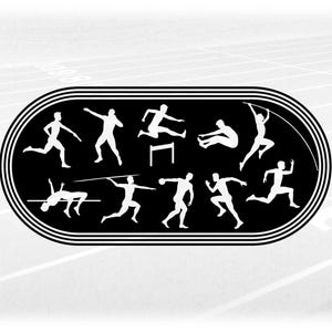 Sports Clipart: Black Running Track to Scale with Cutouts of Male Athlete Silhouettes Performing Events - Digital Download svg png dxf pdf