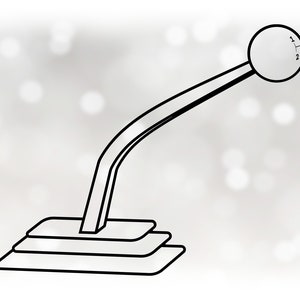 May include: A black and white illustration of a manual car gear shifter with a round knob. The shifter is in the up position.