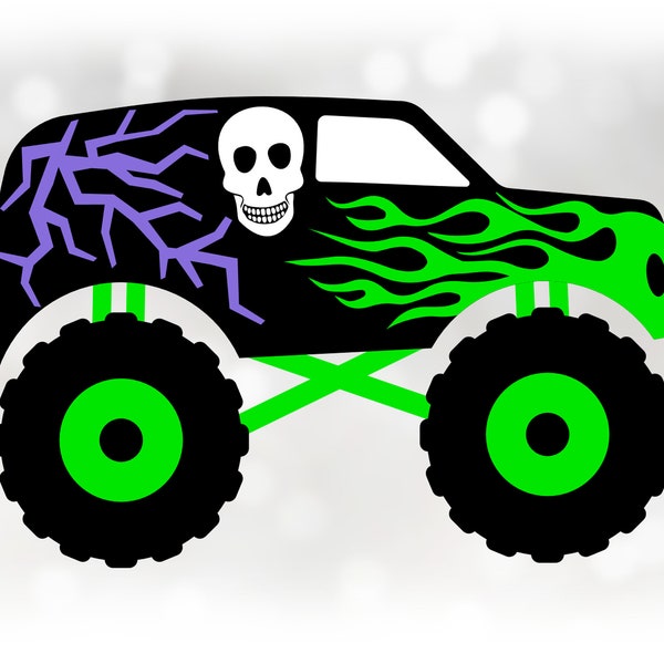 Automotive Clipart: Layered Black Monster Truck, White Skull, Green Flames, Purple Lightning Like Grave - Digital Download svg png dxf pdf