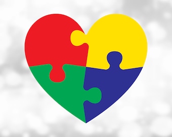 Shape Clipart: Red, Yellow, Blue, Green Interconnecting Puzzle Pieces in a Heart Shape - Autism Awareness - Digital Download svg png dxf pdf