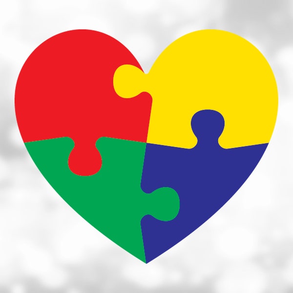 Shape Clipart: Red, Yellow, Blue, Green Interconnecting Puzzle Pieces in a Heart Shape - Autism Awareness - Digital Download svg png dxf pdf