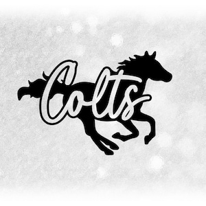 May include: Black silhouette of a running horse with the word "Colts" written in a stylized font over the horse's body.