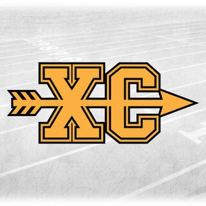 Sports Clipart: Layered Yellow on Black Bold Block Letters "XC" for Cross Country with Arrow through the Middle - Digital Download SVG & PNG