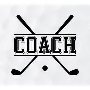 Sports Clipart: Black Crossed Golf Clubs and Ball with Bold College Varsity Word "COACH" for Coaches - Digital Download svg png dxf pdf