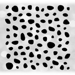 May include: Abstract pattern of black, irregular shapes on a light gray background. The shapes are scattered across the surface, creating a spotted or speckled effect. The background has a soft, blurred appearance.