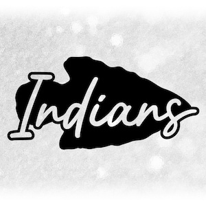 May include: Black arrowhead graphic with the word "Indians" in white script. The design is set against a textured, off-white background. The arrowhead shape is solid black.