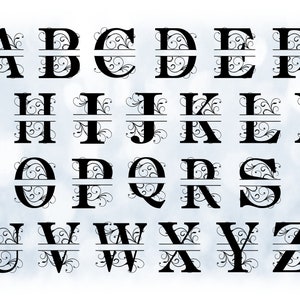 Word Clipart: Value Pack-bundel volledig alfabet van 26 zwarte formele gesplitste hoofdletters met bloemen/scroll-accenten - digitale download SVG/PNG
