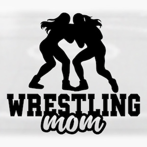 Sports Clipart: Black SIlhoette of Female Wrestlers with Varsity Word "Wrestling" and Script Word "Mom" - Digital Download svg png dxf pdf