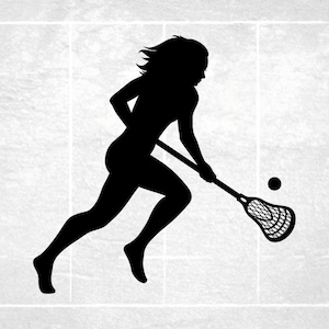 Sports Clipart: Black Silhouette of Female / Woman / Girl Lacrosse Player Running with Lacrosse Stick - Digital Download svg png dxf pdf