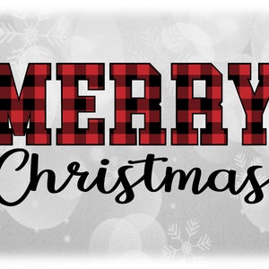 Holiday Clipart: Words "Merry Christmas" in Red and Black Buffalo Plaid and Script Style Lettering for Holidays - Digital Download SVG & PNG