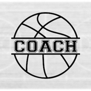 Sports Clipart: Black Split Basketball Shape with Capital Collegiate Style Word « COACH » - Changez de couleur vous-même - Téléchargement numérique SVG & PNG