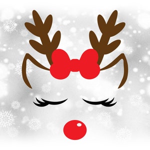 Vakantie Clipart: Meisje of vrouwelijke rendieren met gesloten ogen, wimpers, oren, geweien, boog, rode neus voor Kerstmis - Digitale download SVG > PNG