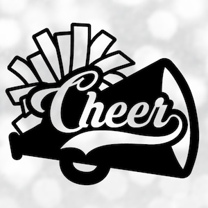 Sports Clipart: Black Cheerleader Megaphone with Pom Pom Outline with Word Cheer Cutout for Cheerleading - Digital Download svg png dxf pdf