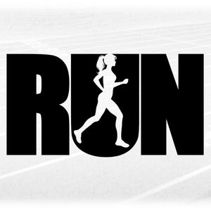 Sports Clipart: Black Word "RUN" with Cutout of Female Athlete Running - Track & Field / Cross Country - Digital Download svg png dxf pdf