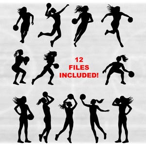 Sports Clipart: Value Pack Bundle with Twelve 12 Different Black Silhouettes of Female Basketball Players - Digital Download svg png dxf pdf