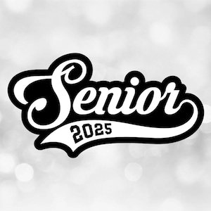 Education Clipart: White Script Word "Senior" with Baseball Swoosh Underline and 2025 Layered on Black - Digital Download svg png dxg pdf