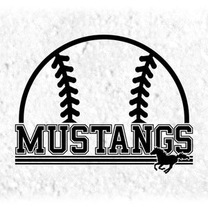 Sports Clipart: Black Half Baseball/Softball with "Mustangs" Team Mascot Name and Horse Silhouette - Digital Download svg png dxf pdf