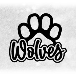 Sports Clipart: Black Script "Wolves" Team Mascot Name with Silhouette of Dog Paw Print - Digital Download svg png dxf pdf