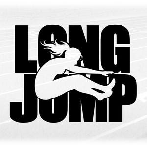 Sports Clipart: Black Words "Track and Field" with Cutout of Female Long Jump Silhouette Jumping - Digital Download svg png dxf pdf