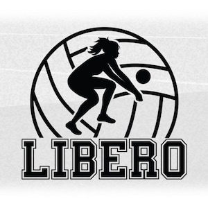 Pode incluir: Logotipo em preto e branco com tema de voleibol, apresentando a silhueta de uma pessoa em ação, contra uma bola de voleibol. A palavra "LIBERO" é exibida em letras de bloco em negrito abaixo.