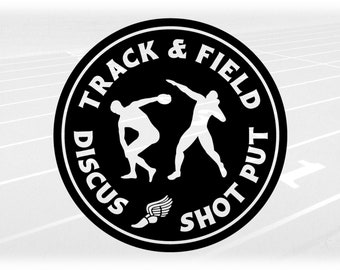 Sports Clipart: Black Circle with Male Thrower Silhouettes and Words " Track & Field, Shot Put, and Discus" - Digital Download svg png dxf