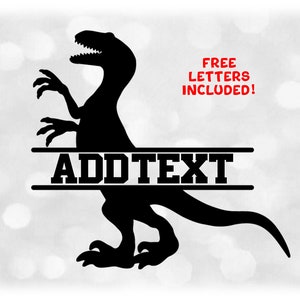 May include: Black silhouette of a dinosaur with the text "ADD TEXT" in a banner across the middle. Free letters are included.