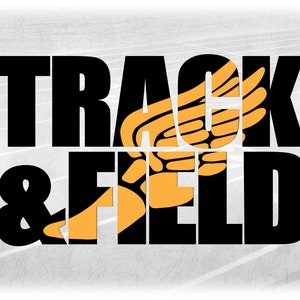 Sports Clipart: Large Black Bold Words "Track and Field" w/ Yellow Mercury or Hermes Winged Track Shoe Overlay - Digital Download SVG & PNG