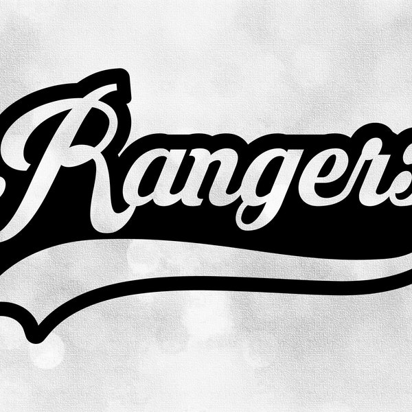 Sports Clipart: Black Word with Cutout "Rangers" Team Name in Fancy Type with Baseball Style Swoosh Underline - Digital Download SVG & PNG