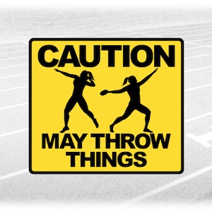 Sports Clipart: Gold "Caution May Throw Things" with Female Track & Field Discus/Shot Throwers on Black, Digital Download svg png dxf pdf
