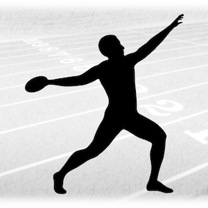 May include: Silhouette of a person throwing a discus on a running track. The person is in mid-throw, with their arm extended and the discus in their hand. The track is marked with numbers.