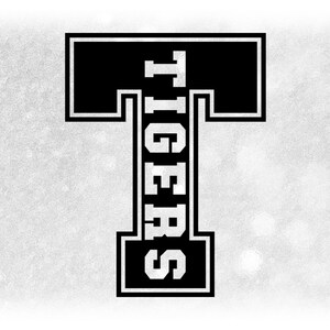 Sports Clipart: Black Varsity Bold Letter "T" with Team Mascot Name "Tigers" Cutout to Show Spirit - Digital Download svg png dxf pdf
