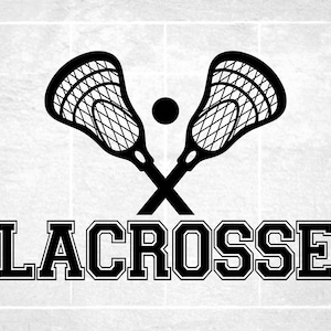 Clipart deportivo: Dos palos de lacrosse realistas doblemente cruzados con la palabra negra en negrita "Lacrosse" en estilo universitario - Descarga digital SVG & PNG