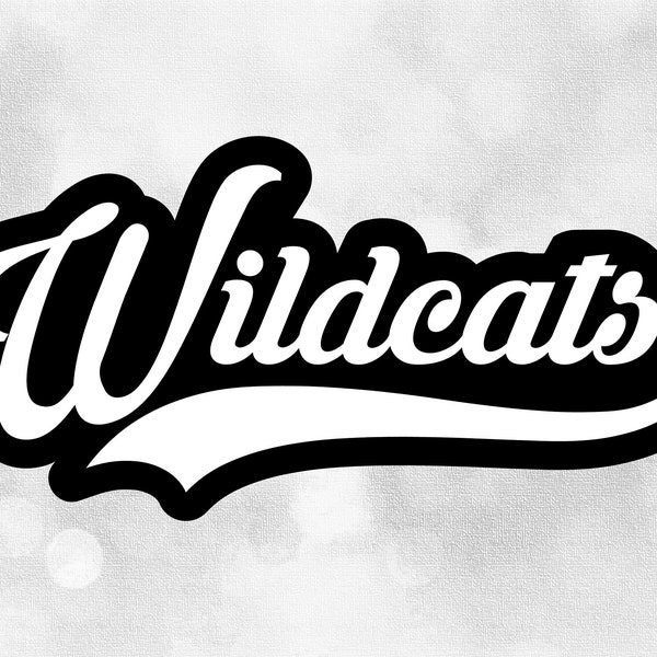 Sports Clipart: "Wildcats" Team Name in Fancy Type with Baseball Style Swoosh Underline - White on Black Layers - Digital Download SVG & PNG