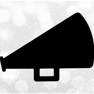 May include: Black silhouette of a megaphone, a common symbol for announcements and communication.