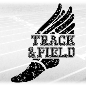 Sports Clipart: Black Distressed / Grunge Varsity Style Words "Track & Field" inside Shoe with Wings - Digital Download svg png dxf pdf