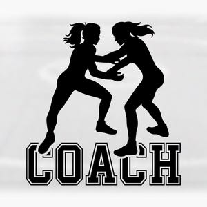Sports Clipart: Black Female Wrestler SIlhouettes with Bold College Varsity Word "Coach" for Coaches - Digital Download svg png dxf pdf