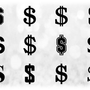 Shape Clipart: One Sheet Library of Twelve Different Black Dollar Sign / Symbol Styles in a Single File / Page - Digital Download SVG & PNG