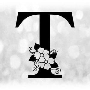Word Clipart: Schwarzer Formal Capital Letter "T" mit Floral / Blumen Akzenten - Farbe ändern mit Eigener Software - Digitaler Download SVG & PNG