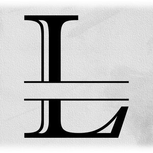 Clipart de palavra: Inicial maiúscula em estilo colonial gravado formal preto ou letra dividida em monograma "L" para adicionar nome - download digital SVG e PNG