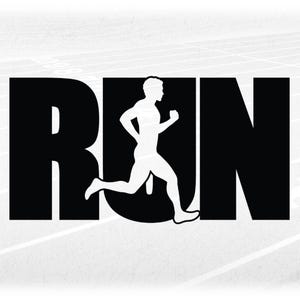Sports Clipart: Bold Black Word "RUN" with Cutout Silhouette of Male Athlete Running - Track/Cross Country Digital Download svg png dxf pdf