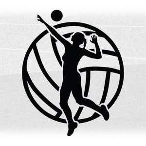 Sports Clipart: Black Volleyball Silhouette Outline w/ Female Player Jumping Up in Air with Ball in Middle, Digital Download svg png dxf pdf