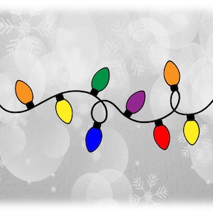 May include: A string of colourful Christmas lights with red, orange, yellow, green, blue, purple, and white bulbs. The lights are strung together on a black wire and are against a white background with snowflakes.