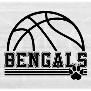 Sports Clipart: Black Half Basketball w/ "Bengals" Team Name in Varsity Style with Paw Silhouette Cutout - Digital Download svg png dxf pdf