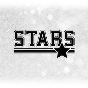 Sports Clipart: Black Bold "Stars" Team Mascot Name in Varsity Style above Stripes and Five Point Star - Digital Download svg png dxf pdf