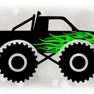 Auto/Automotive Clipart: Einfacher schwarzer Monstertruck Zeichnung mit lindgrünen Feuer Flammen, Rollbalken & Lichtern - Digitaler Download SVG / PNG